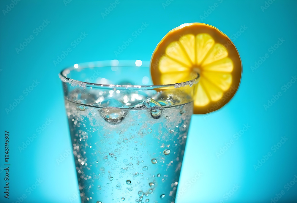 Refreshing sparkling drink with lemon slice on blue background Refreshing sparkling drink with lemon slice on blue background