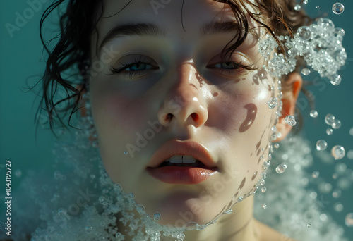 serene underwater portrait capturing young woman surrounded by bubbles, evoking tranquility