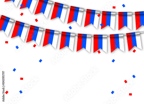 Russian flags garland white background with confetti