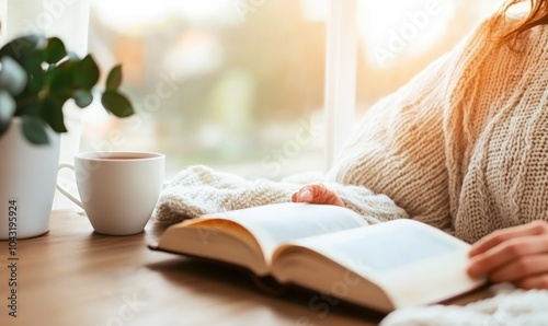 Woman in sweater reads book by a window with cup of tea.