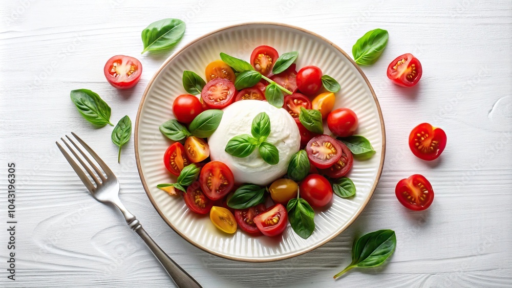 High angle burrata cheese with tomatoes and basil on a plate, fork High angle burrata cheese with tomatoes and basil on a plate, fork