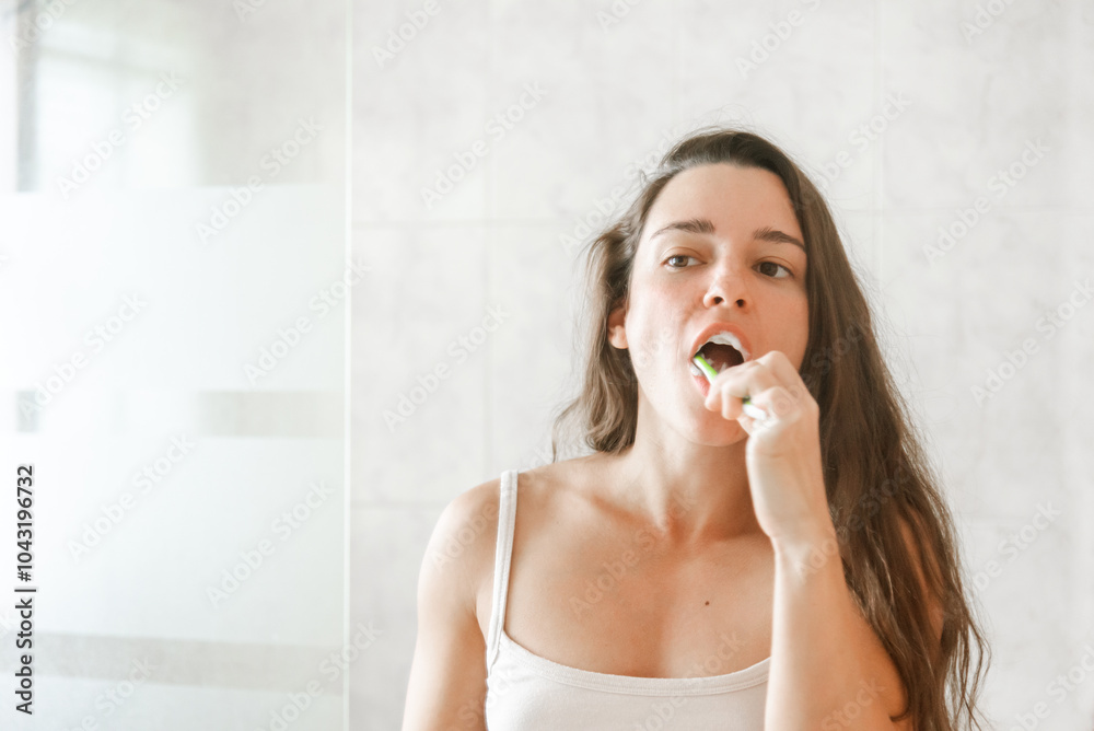 Young woman brushing teeth in a bright bathroom Young woman brushing teeth in a bright bathroom