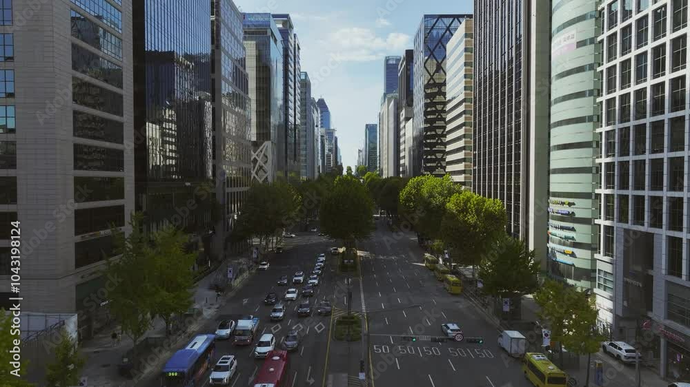 Drone View of Seoul city in South Korea, Gangnam financial district, Summer 60fps