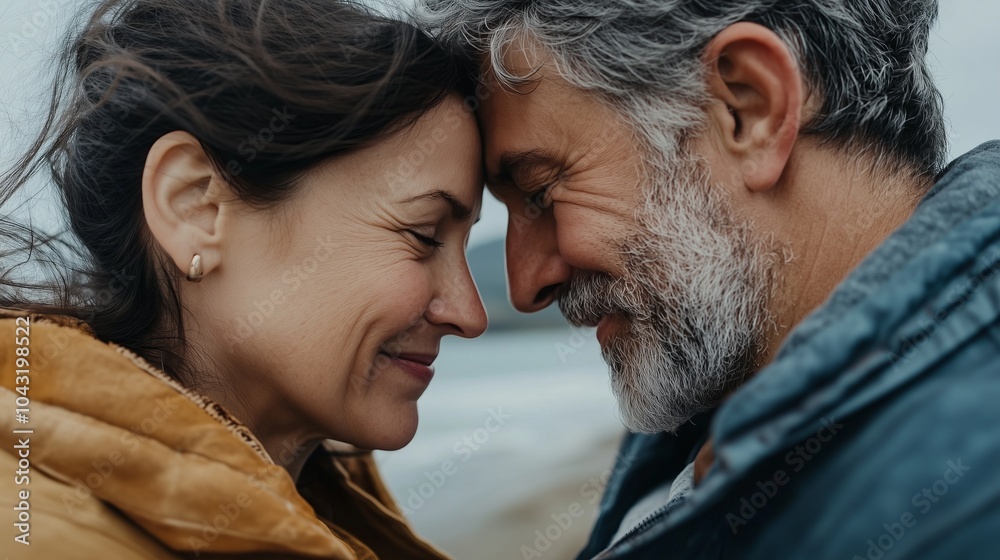 An elderly couple gently touching their foreheads to each other with their eyes closed. A moment of intimacy and warmth that conveys feelings of mutual understanding, love and happiness. An elderly couple gently touching their foreheads to each other with their eyes closed. A moment of intimacy and warmth that conveys feelings of mutual understanding, love and happiness.