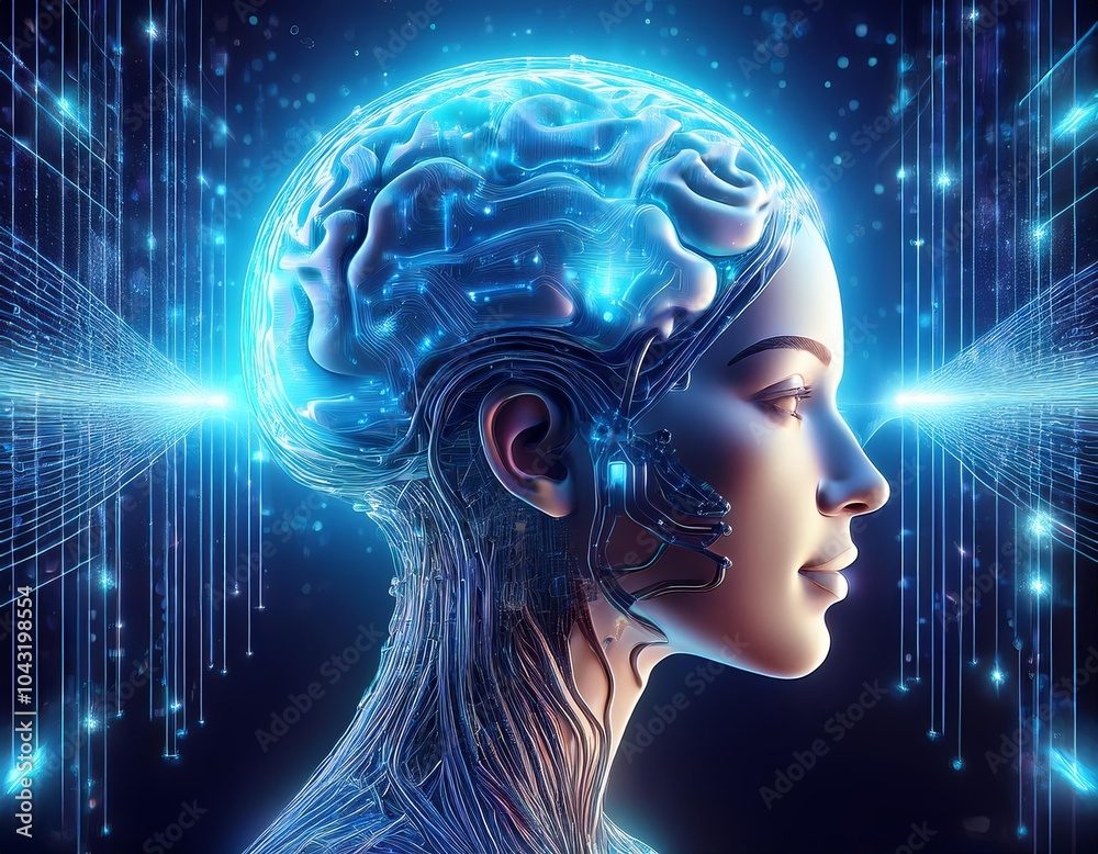 Obraz premium Illustration of the human brain combined with modern technology, Generative AI