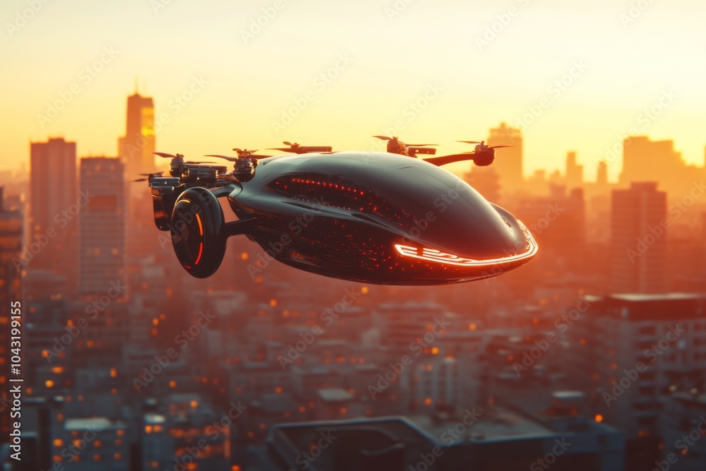 black futuristic flying car with advanced aerodynamic design, soaring above the city skyline at sunset black futuristic flying car with advanced aerodynamic design, soaring above the city skyline at sunset