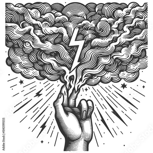 hand summoning lightning from swirling storm clouds, symbolizing power, energy, and mystic forces in vintage style sketch engraving generative ai vector illustration. Black and white image.
