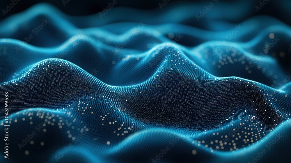 Fototapeta premium Digital wave of tiny pixelated squares in shades of blue and teal, simulating data flow