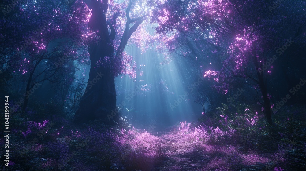 Fototapeta premium Mystical forest with glowing plants and ethereal light beams shining through dense, ancient trees, creating a magical atmosphere