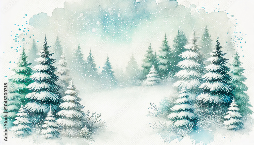 Fototapeta premium Peaceful winter landscape with snow-covered trees and soft falling snowflakes, creating a serene atmosphere.