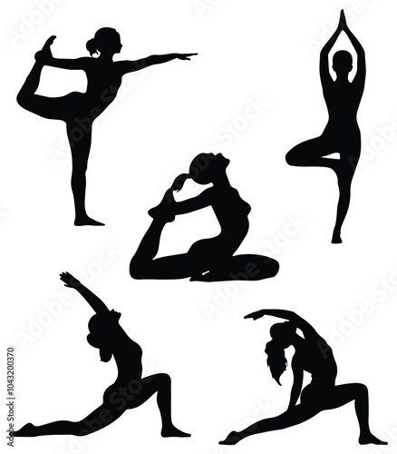 Yoga Poses Silhouettes Women Fitness Flexibility Vector Illustration.