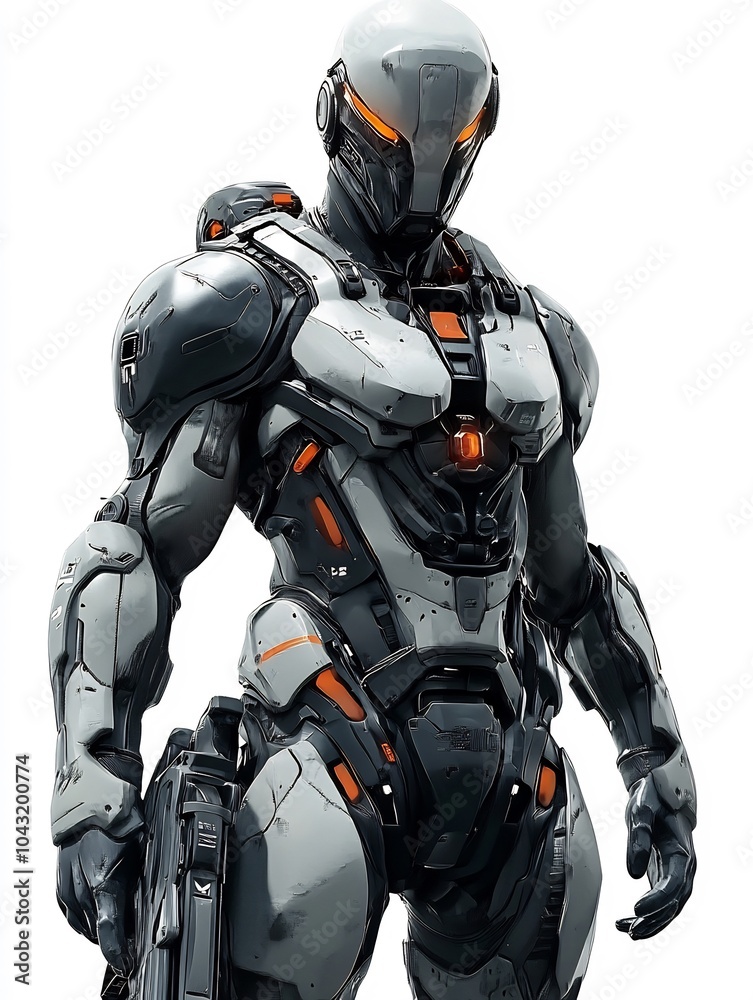 Gaming character man in a sci-fi exosuit with metallic armor on a white background. Gaming character man in a sci-fi exosuit with metallic armor on a white background.