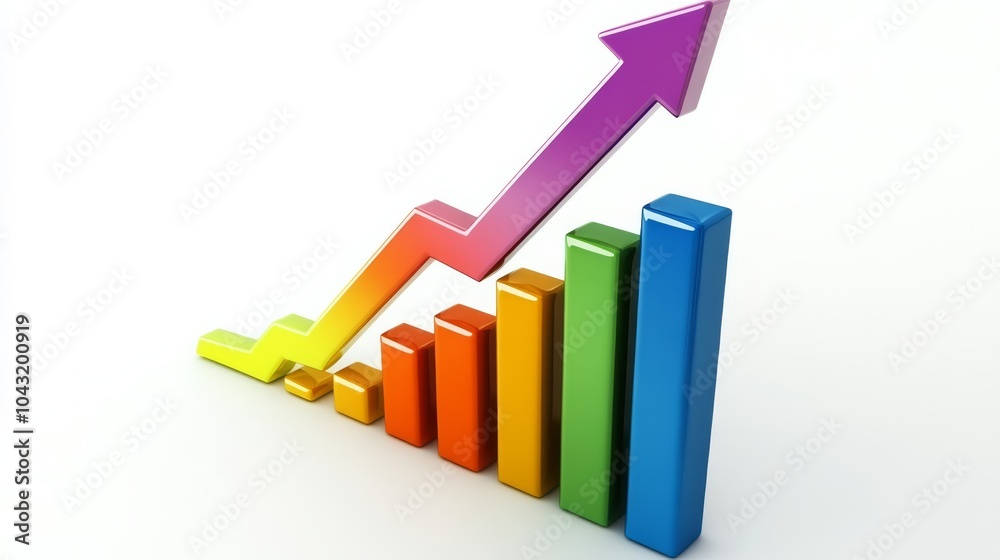 Growth Chart: A vibrant, 3D bar chart with a rising arrow signifies upward trajectory, showcasing progress and success.  