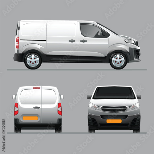 Van mockup without design, set from three views, from the side, from the back and from the front.
