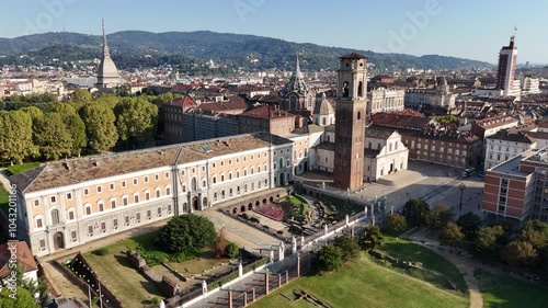 Aerial footage of Savoy Gallery (Galleria Sabauda) and Turin Cathedral in Italy photo