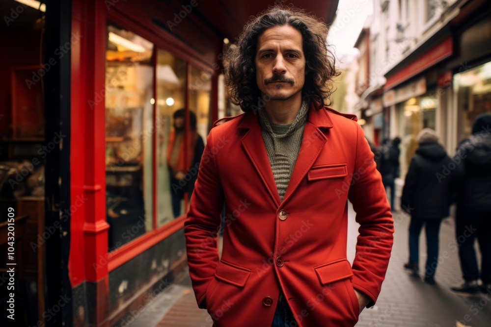 Portrait of a handsome man with long wavy hair, wearing a red coat and jeans, standing in the street, looking at the camera. Portrait of a handsome man with long wavy hair, wearing a red coat and jeans, standing in the street, looking at the camera.