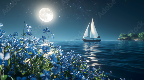 Obraz na płótnie Serene Moonlit Sailboat Scene w salonie