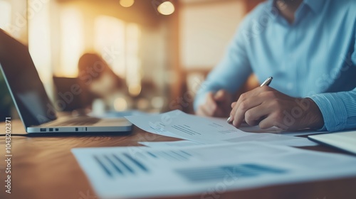 A job candidate is focused on taking notes and reviewing essential documents while sitting at a spacious desk in a contemporary office setting