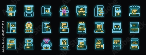 Glowing neon icons representing various arcade game machines, capturing the excitement and nostalgia of classic gaming