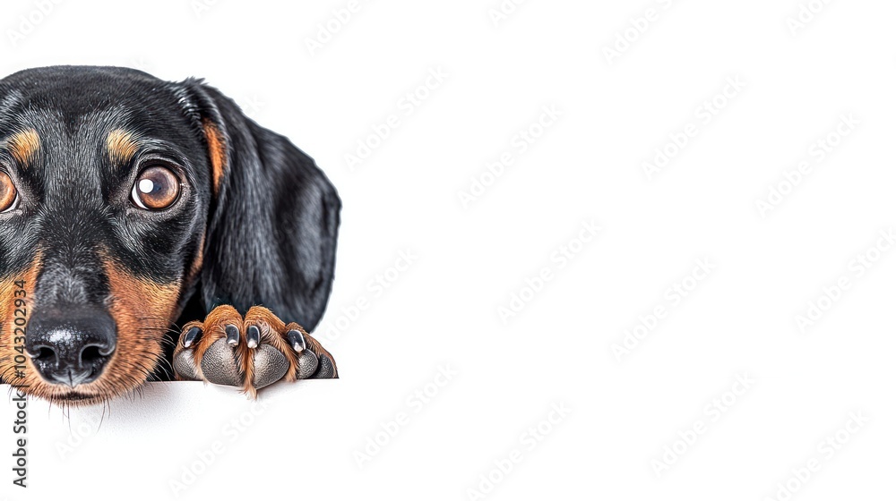 Obraz premium A close-up of a dachshund's face with its paws resting on a surface.