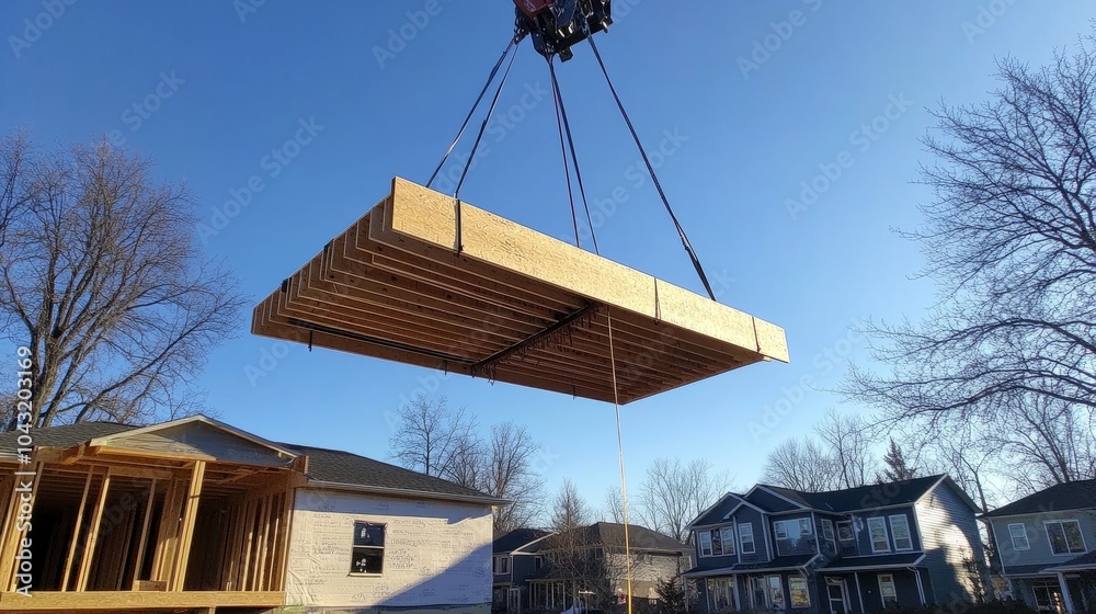 A large roof panel suspended mid-air by a crane over a residential structure in progress.