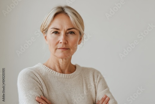  Serious senior woman crossing her arms, looking confidently at the camera. photo