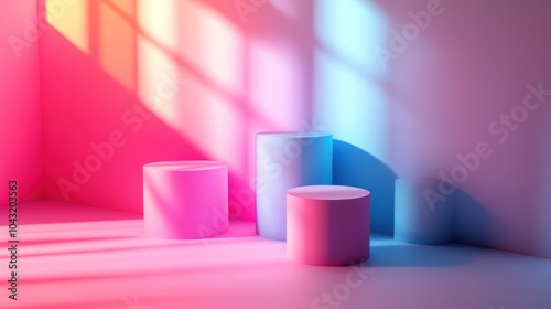 Abstract 3D shapes in neon shades, casting shadows and creating depth against a smooth gradient background photo