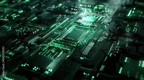 Abstract circuit board design in metallic green and silver with illuminated pathways on a black background