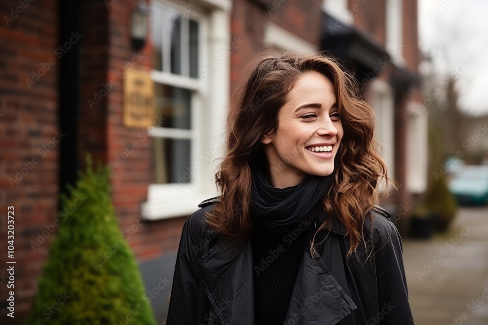 Portrait of a beautiful young woman in black coat and scarf smiling