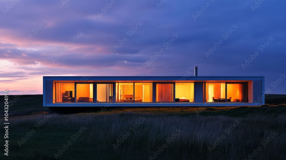 Obraz premium A sleek, modern prefabricated home illuminated from within, set against a dusky sky.