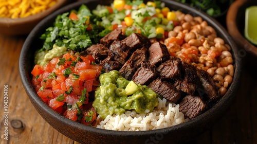 Grilled beef burrito bowl with rice, beans, guacamole, and salsa, arranged neatly in a bowl, grilled beef burrito bowl, healthy option