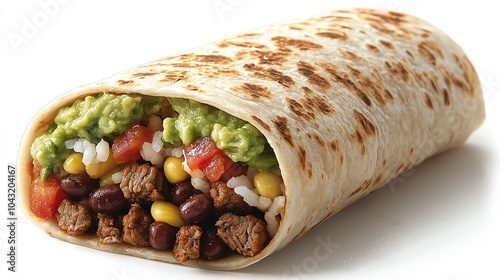 Grilled beef burrito with rice, beans, and guacamole, wrapped in a soft tortilla, grilled beef burrito, MexicanAmerican photo