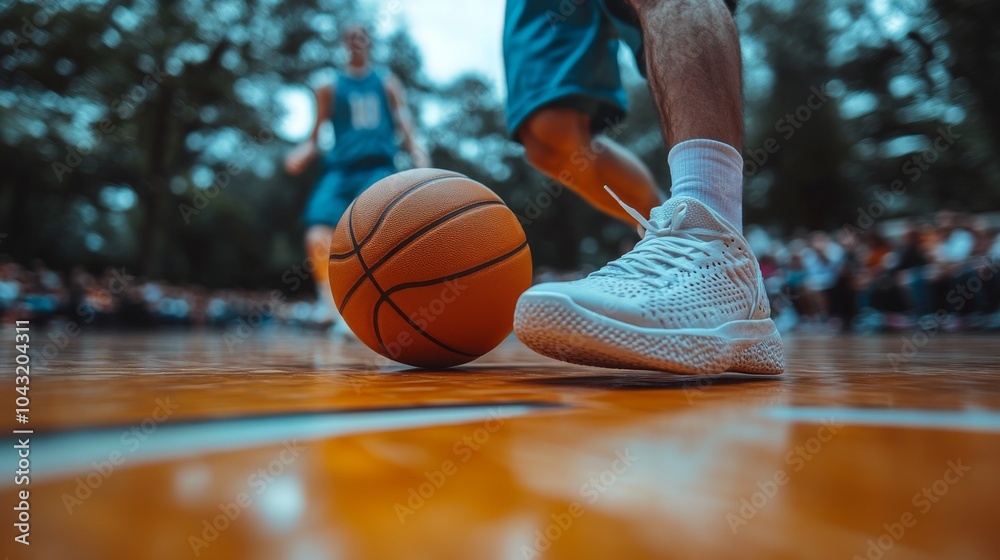A player in a white sneaker dribbles a basketball on a wooden court surrounded by spectators, enjoying a lively afternoon game in the park. A player in a white sneaker dribbles a basketball on a wooden court surrounded by spectators, enjoying a lively afternoon game in the park.