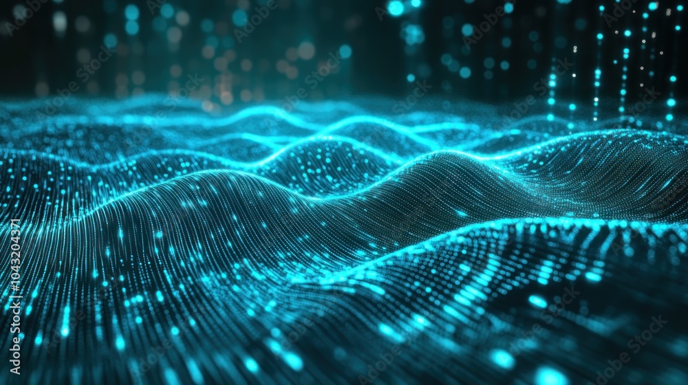 High-tech digital wave grid in glowing cyan, pulsating over a dark gradient background High-tech digital wave grid in glowing cyan, pulsating over a dark gradient background