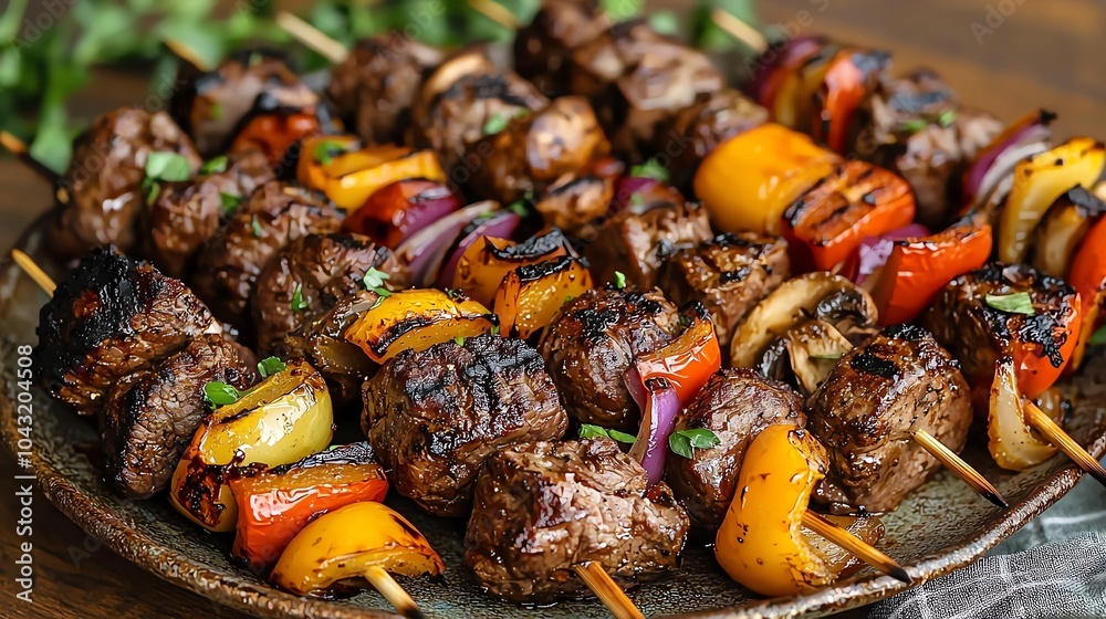 Grilled beef kebabs with bell peppers, onions, and mushrooms, arranged on a rustic platter, grilled beef kebabs, BBQ skewers Grilled beef kebabs with bell peppers, onions, and mushrooms, arranged on a rustic platter, grilled beef kebabs, BBQ skewers