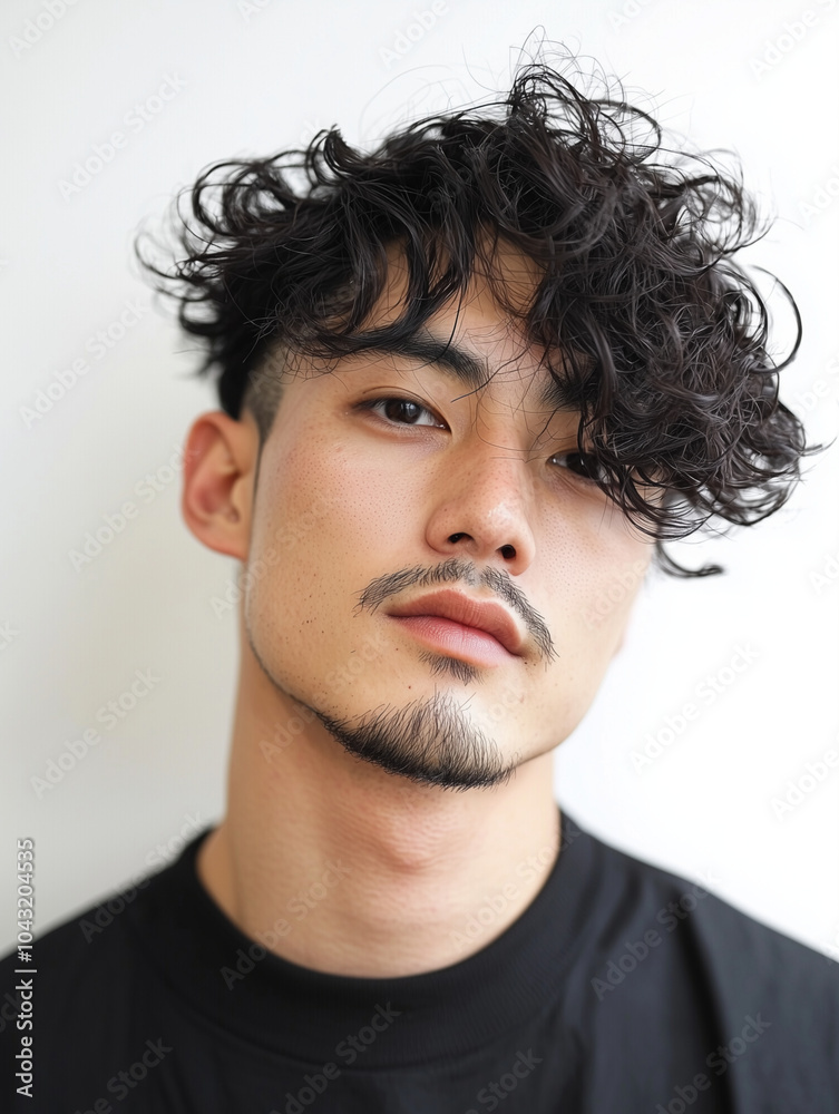 Obraz premium A Japanese man with defined curly hair styled into a fringe soft waves falling over the forehead, sharp side fade