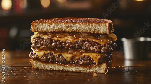 Grilled beef patty melt with caramelized onions and Swiss cheese, on toasted rye bread, grilled beef patty melt, diner classic