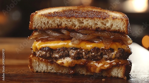 Grilled beef patty melt with caramelized onions and Swiss cheese, on toasted rye bread, grilled beef patty melt, diner classic