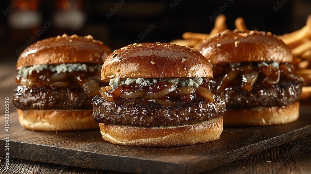 Grilled beef sliders with blue cheese and caramelized onions, served with truffle fries, grilled beef sliders, gourmet twist Grilled beef sliders with blue cheese and caramelized onions, served with truffle fries, grilled beef sliders, gourmet twist