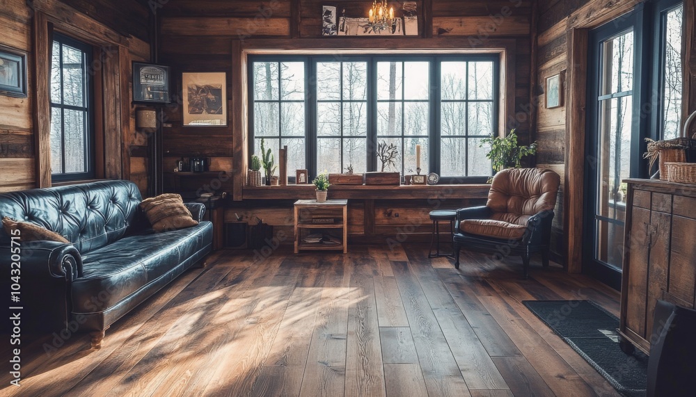 Sunbeams illuminate a rustic living room with a leather sofa, armchair, and wooden floors. Sunbeams illuminate a rustic living room with a leather sofa, armchair, and wooden floors.