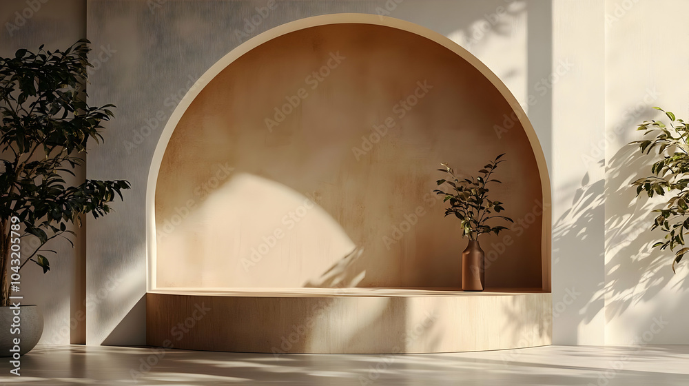 Minimalist Interior Design with Arch and Plants - 3D Illustration Minimalist Interior Design with Arch and Plants - 3D Illustration