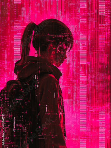 A silhouette of a person with a ponytail fades into digital pink glitch, expressing modern cyber themes and digital aesthetics. photo