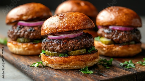 Grilled beef sliders with melted cheddar, pickles, and spicy mayo, served on a wooden board, grilled beef sliders, party snack photo