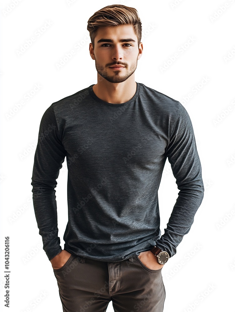 Model man in a fitted long-sleeve t-shirt and stylish pants on a white background. Model man in a fitted long-sleeve t-shirt and stylish pants on a white background.