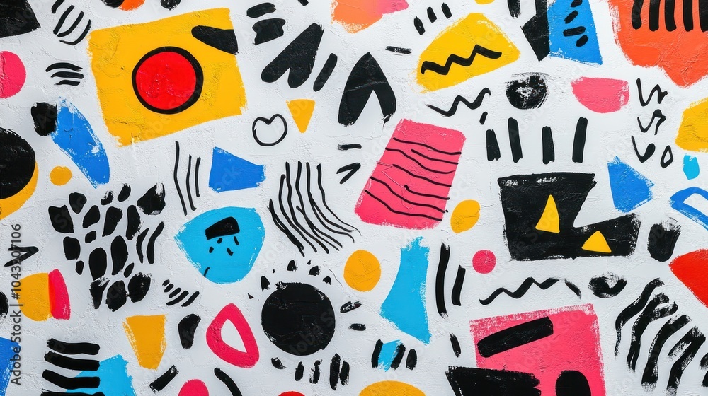 Hand-drawn doodles in black and white with pops of bright colors scattered playfully on a white background Hand-drawn doodles in black and white with pops of bright colors scattered playfully on a white background