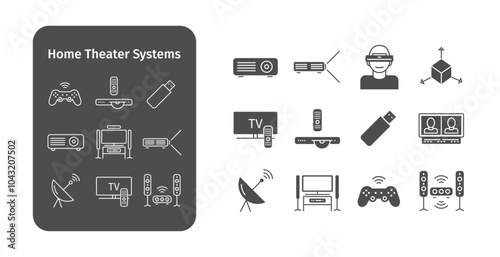 Home Theater Icon Set. High-quality minimalist icons for websites, apps, books, and social media.