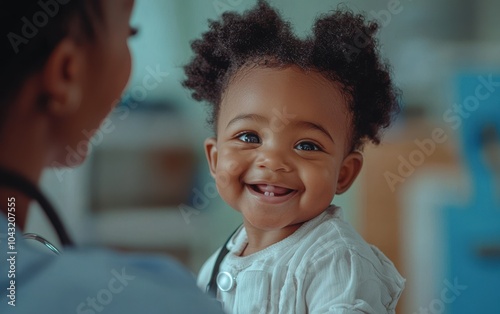 Smiling baby in white clothing being cared for by a doctor in a warm and welcoming environment