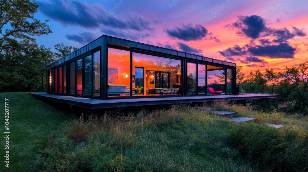Large glass windows of a prefab home reflecting the colorful sky at dusk Large glass windows of a prefab home reflecting the colorful sky at dusk