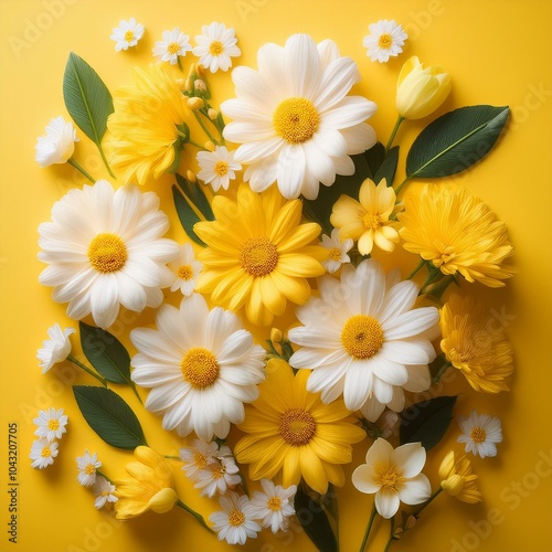 White and yellow spring flowers arranged on a bright yellow background, perfect for seasonal invitations, cheerful floral designs, or spring-themed artwork.