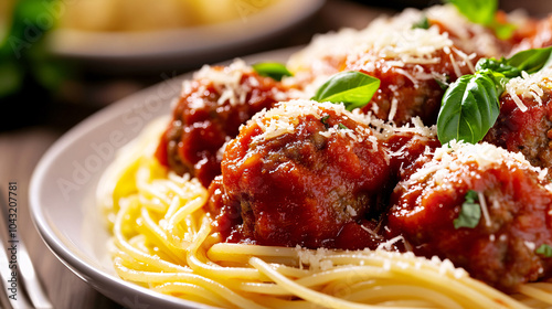 Close Up of Spaghetti with Meatballs and Tomato Sauce